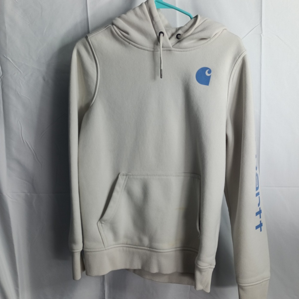 Carhartt Relaxed Fit Hoodie Small S 4-6 Off-White Graphic Sleeve Pullover